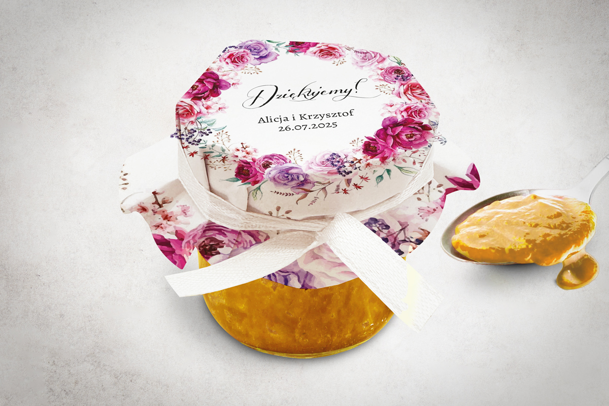 Konfitury w słoiczkach - Podziękowanie dla Gości Konfitura z czapeczką - Podziękowanie dla Gości - Fuksjowe Peonie