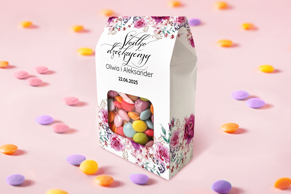 Lentilki w pudełeczku Lentilky w pudełeczku - Podziękowanie dla Gości - Fuksjowe Peonie