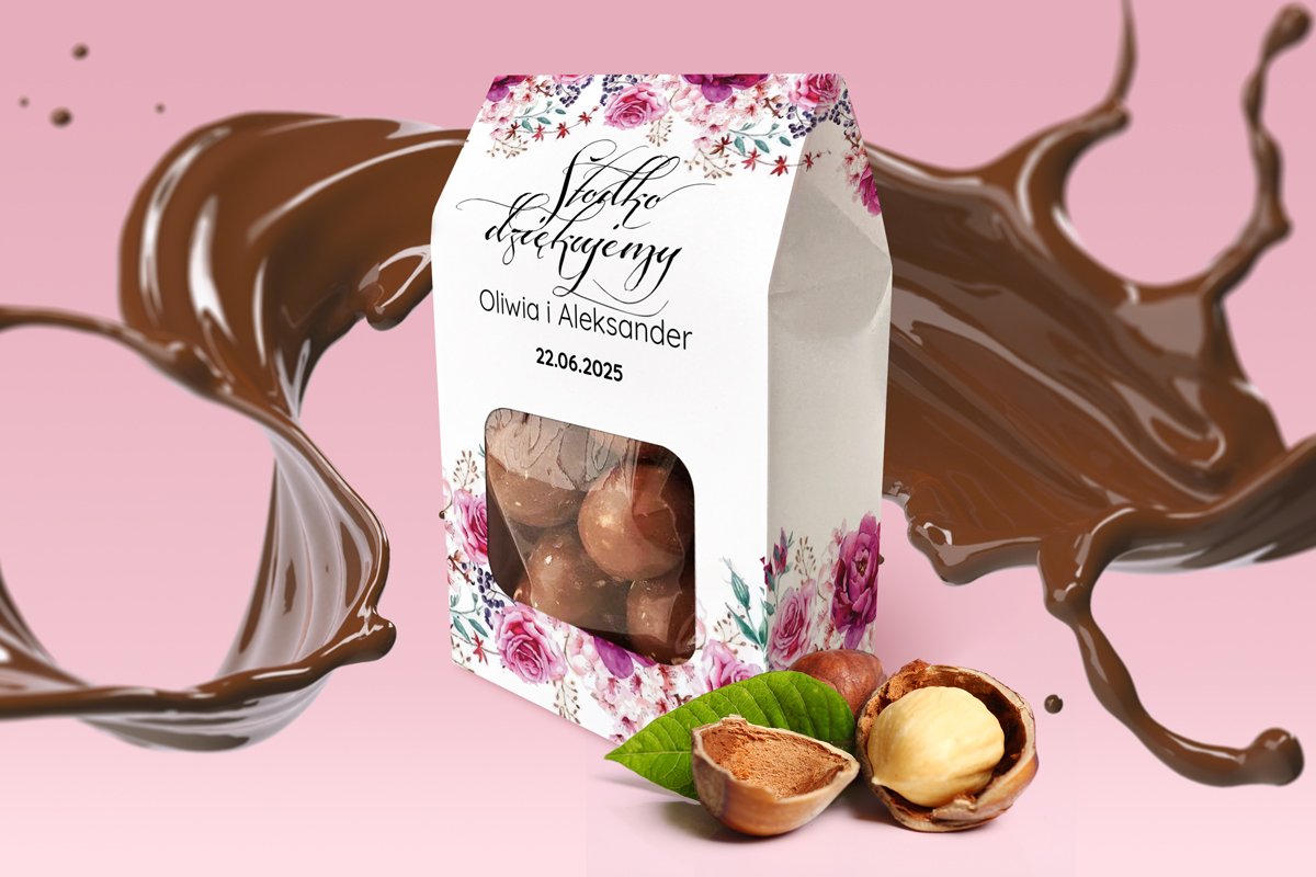 Bakalie w pudełeczku – Podziękowanie dla Gości Orzechy w czekoladzie w pudełeczku - Podziękowanie dla Gości - Fuksjowe Peonie