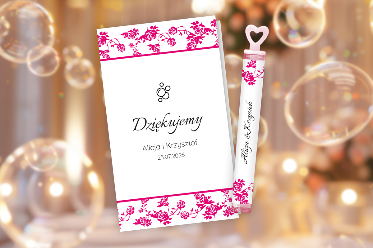 Bańki mydlane na wesele Bańki mydlane w opakowaniu - Podziękowanie dla Gości - Ornament z kokardką - Różowy